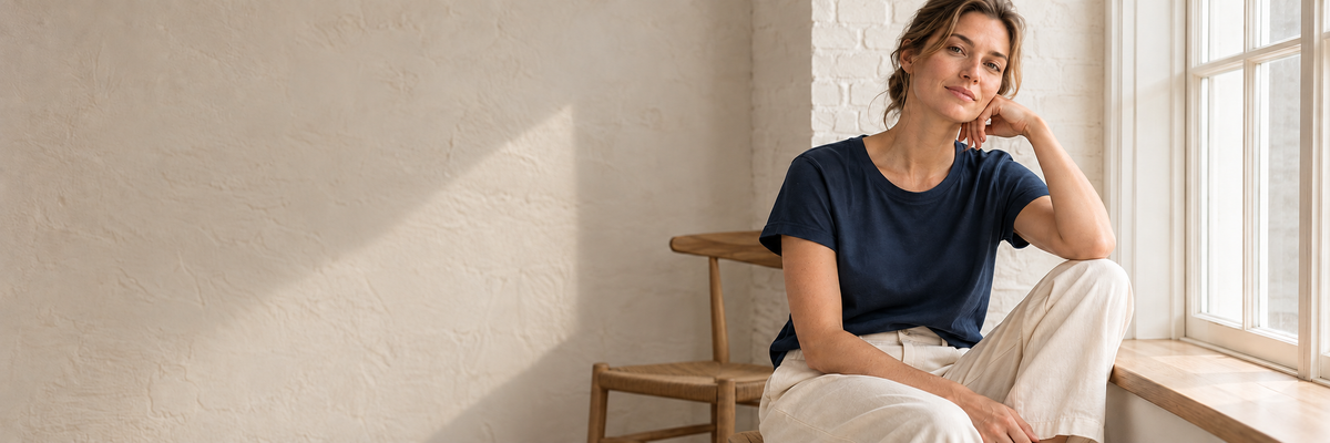 Frau im dunkelblauen Shirt in einem hellen, norddeutsch-minimalistischen Innenraum