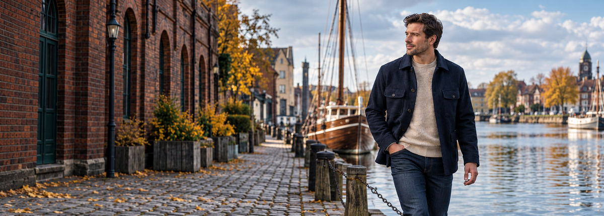 Ein Mann in navyblauer Jacke am norddeutschen Hafen im Herbst
